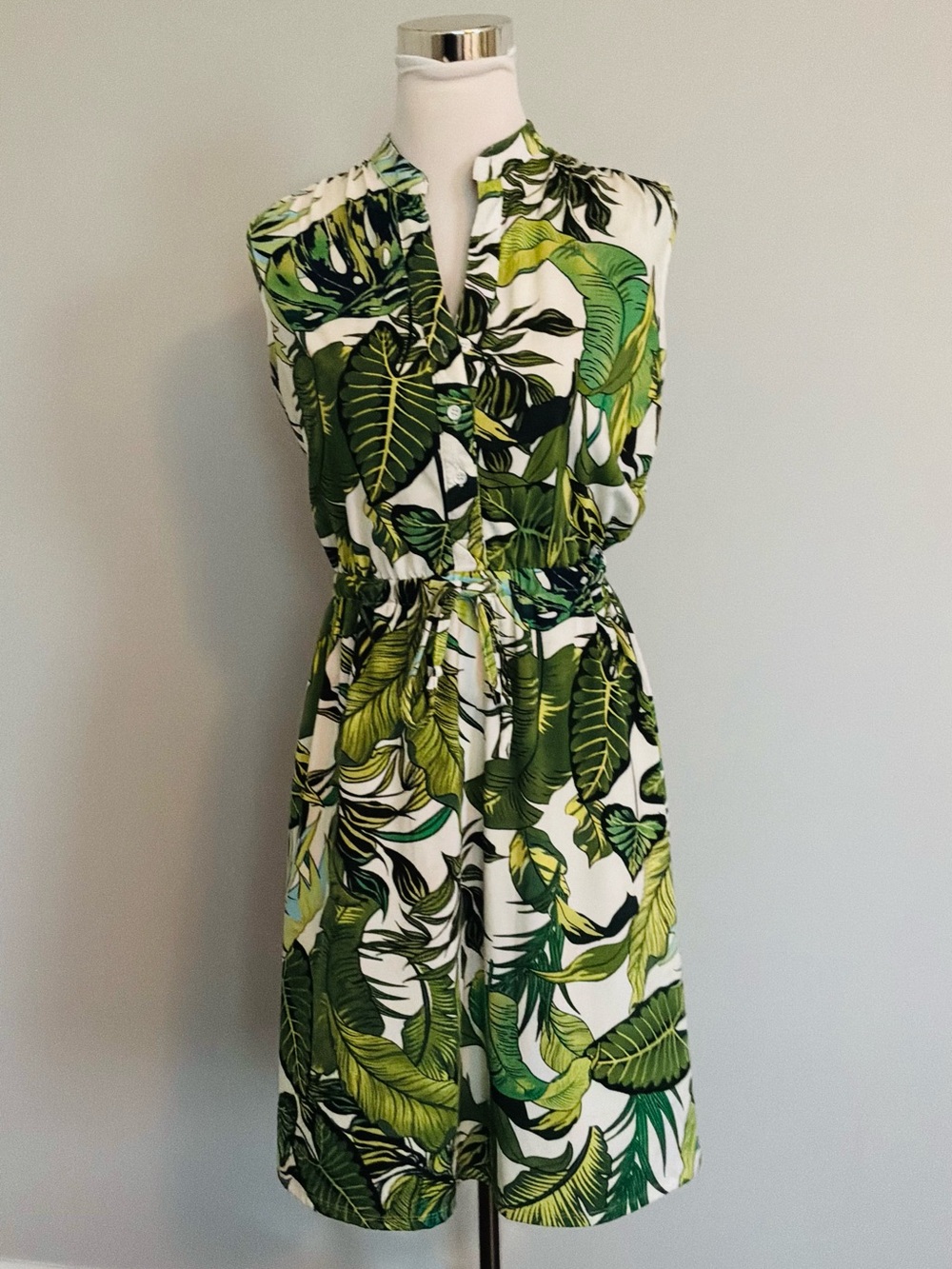 Robert Louis Women’s Sleeveless Palm Leaf Print Midi Drawstring Waist Dress M